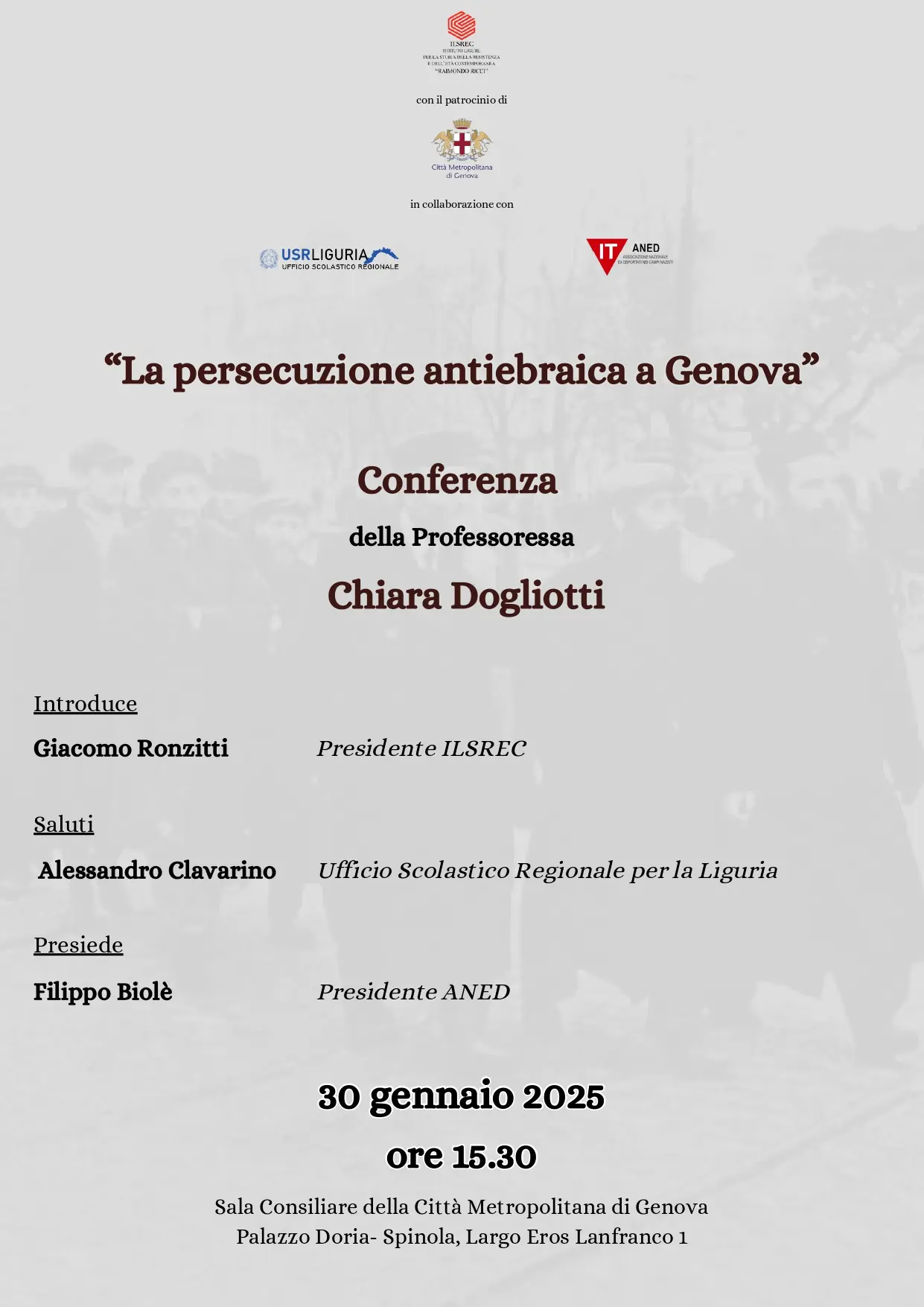 Locandina 30 Gennaio 2025 Conferenza Persecuzioni antiebraica Genova Prof. Chiara Dogliotti