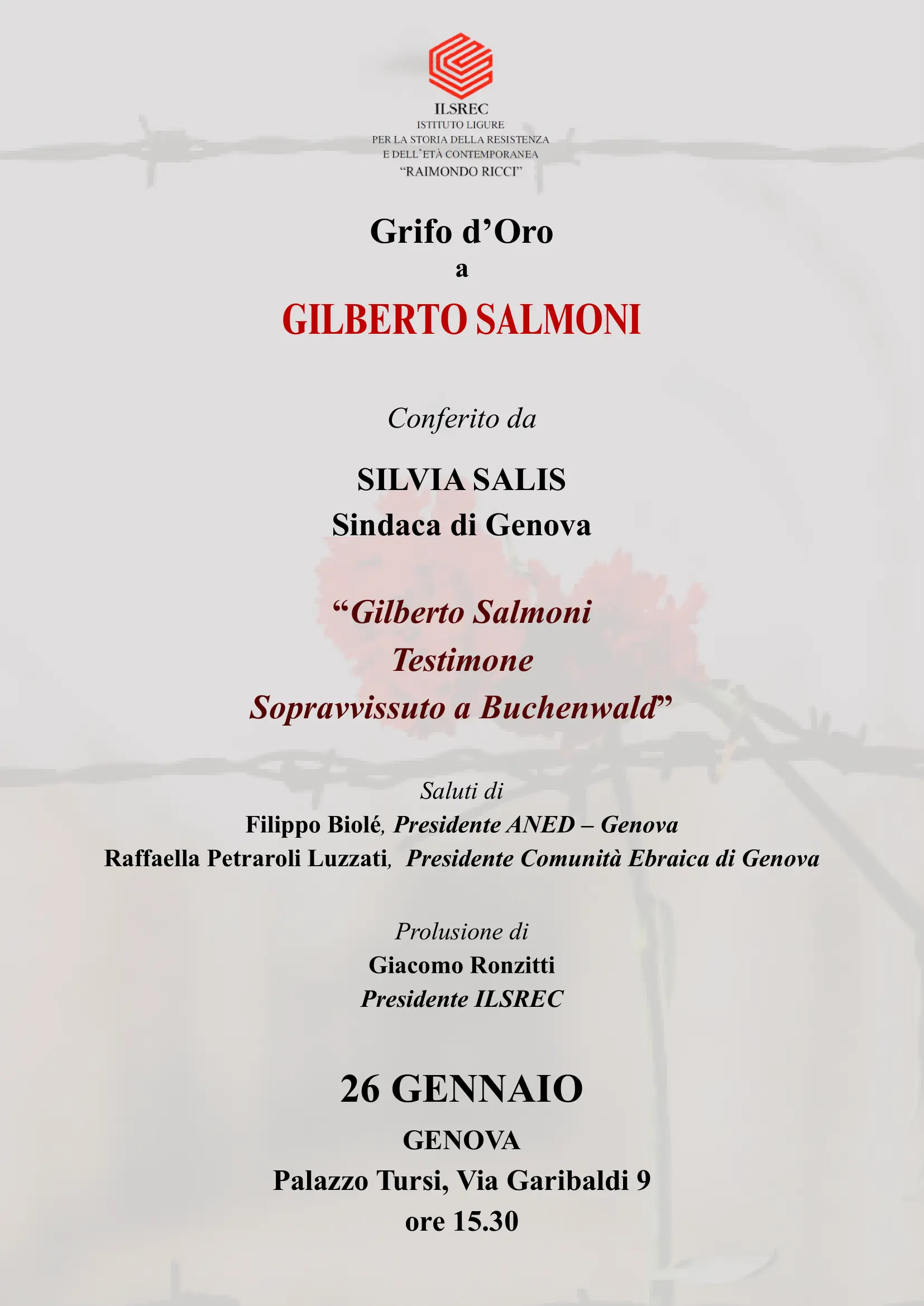 Iniziative Ilsrec Giorno della Memoria 2026 Grifo d'oro Gilberto Salmoni